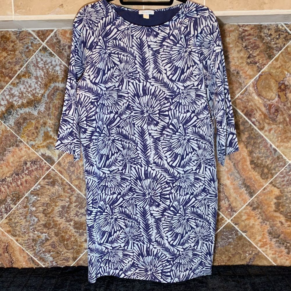 Garnet Hill Silk Navy Floral Tunic Dress 3/4 Sleeve Lined Size 4 Resort Vacation